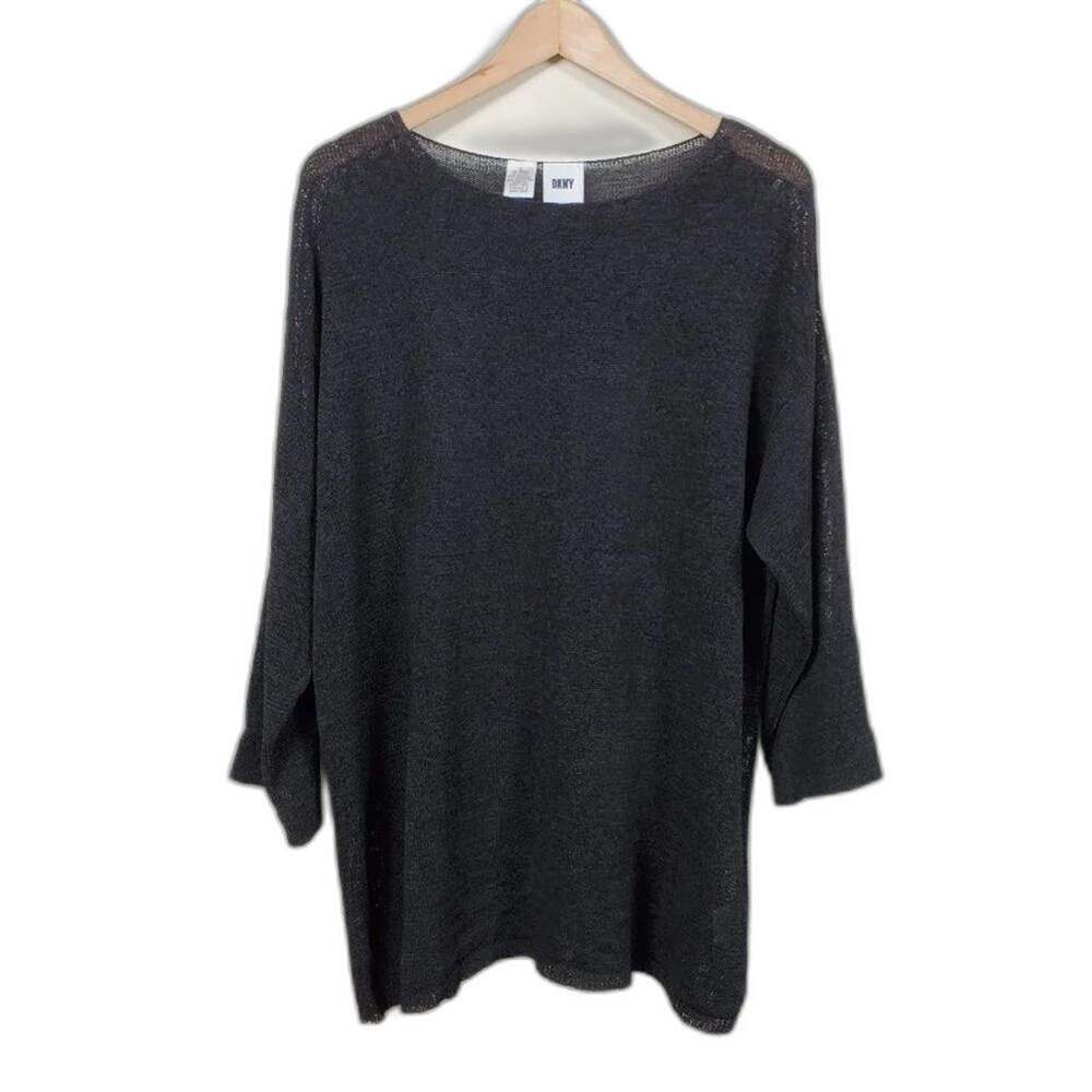 DKNY Black Sheer Knit Top Women Size XL 3/4 Sleeve Lightweight Blouse